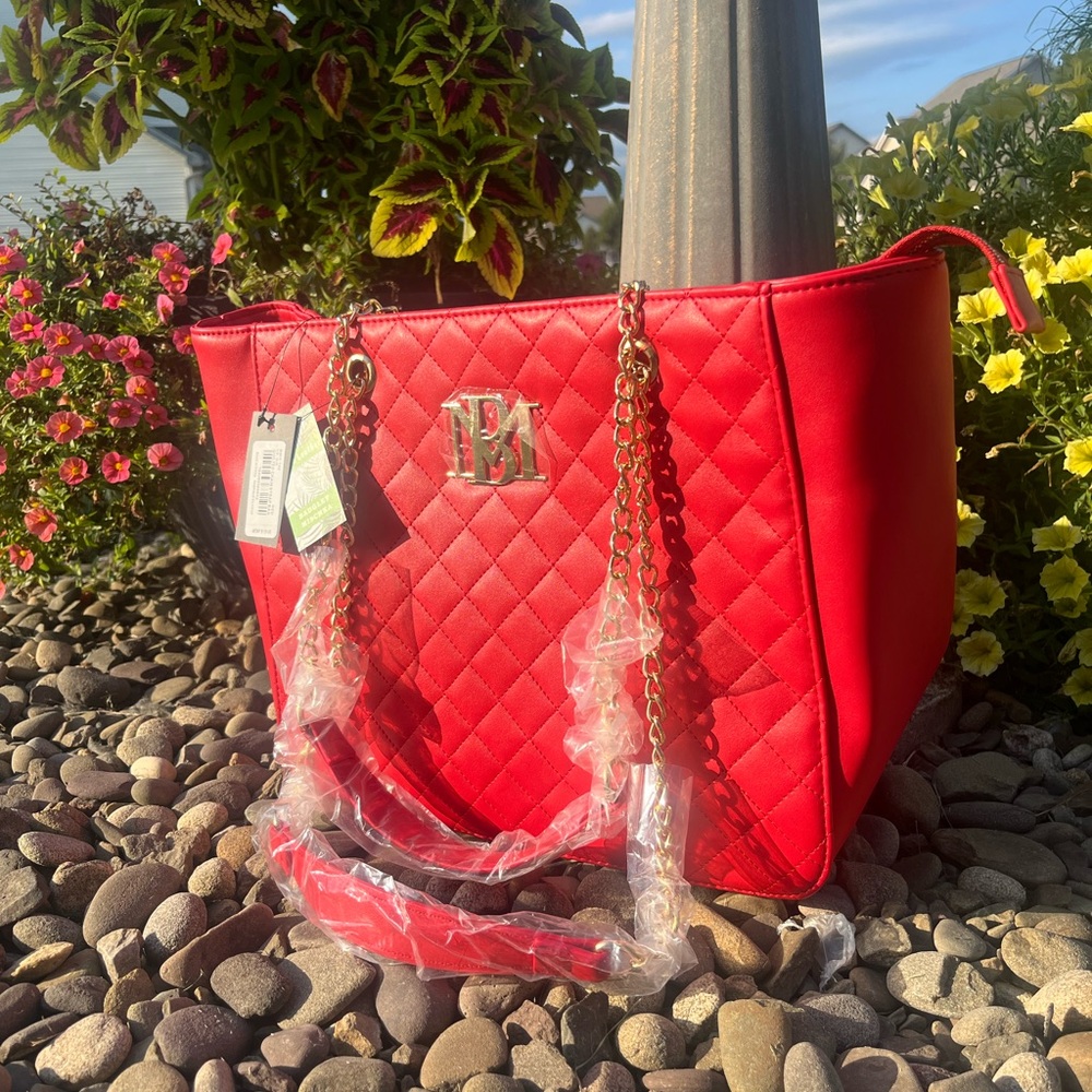 Badgley Mischka Red Quilted Tote with Gold Chain